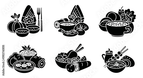 Set of Asian Food Icons: Dumplings, Soup, Noodles, Skewers, and More