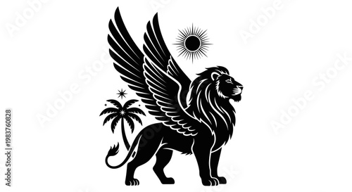 Majestic Winged Lion Emblem with Sun and Palm Tree Silhouette