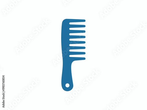 A minimalist blue comb with widely spaced teeth and a rounded handle with a hole, set against a soft white gradient background.