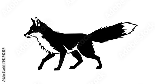 Minimalist Black Fox Silhouette Walking with Detailed Tail and Ears