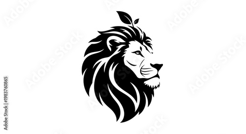 Minimalist Black Lion Head with Green Leaf Symbolizing Nature and Strength