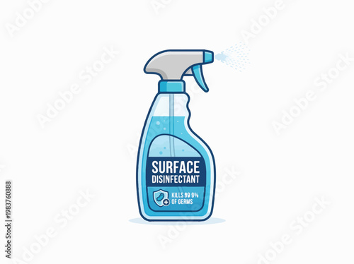 A cartoon illustration of a blue spray bottle labeled SURFACE DISINFECTANT spraying a mist of disinfectant.
