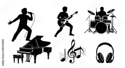 Music Band Silhouette: Singer, Guitarist, Drummer, Piano, Headphones, Music Notes