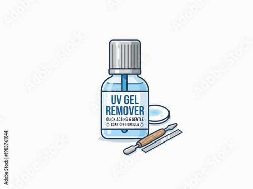 An illustration of a UV gel nail remover bottle, a cotton pad, and nail tools for manicure or pedicure soak-off treatment.