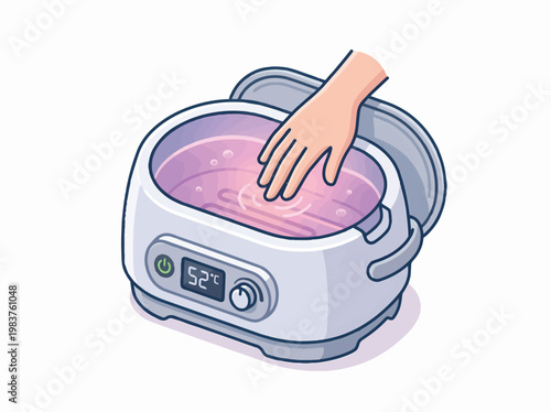 Isometric cartoon illustration of a hand dipping into a paraffin wax warmer with shimmering purple wax, displaying 52°C.