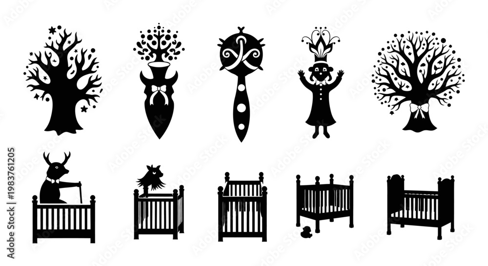 Fototapeta premium Whimsical Silhouette Icons: Trees, Cribs, and Characters for Baby and Nursery Themes