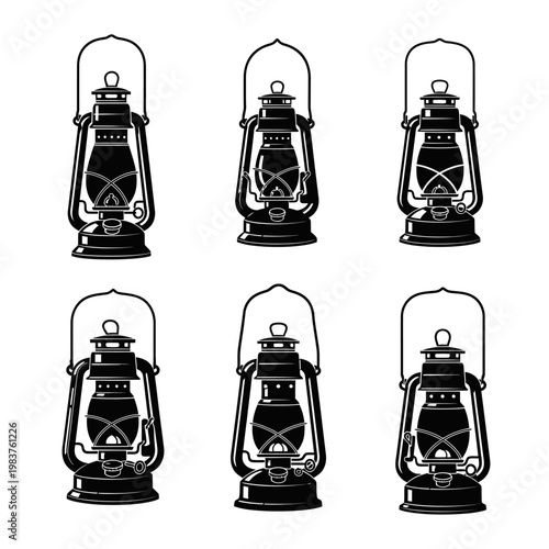 Set of vintage kerosene lanterns, black silhouette, isolated on white background