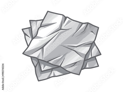 Crumpled white paper sheets stacked together, forming a textured, abstract shape. The illustration uses shading to emphasize folds and shadows, giving it depth and a slightly cartoonish feel
