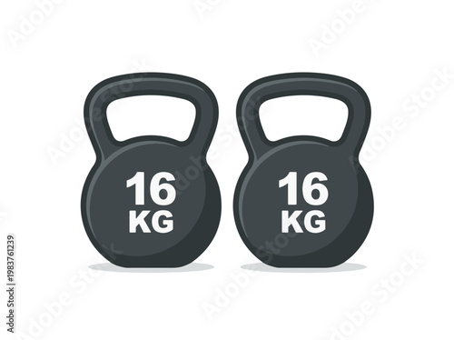 Two black kettlebells, each weighing 16 kg, are shown against a white background.