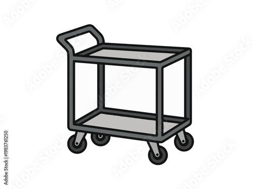 A simple, two-tiered grey utility cart with a handle and four wheels, depicted in a cartoon style on a white background.