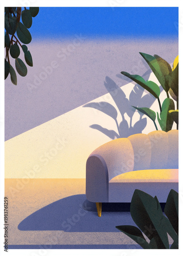 Modern interior design lifestyle illustration featuring a comfortable sofa and potted tropical plants with dramatic sunlight and shadows in a textured aesthetic art style.