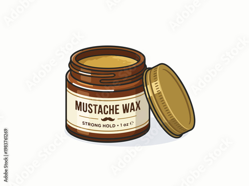 An illustration of an open brown jar of mustache wax with a beige label indicating 'STRONG HOLD' and '1 oz e', next to its golden lid, on a white background.