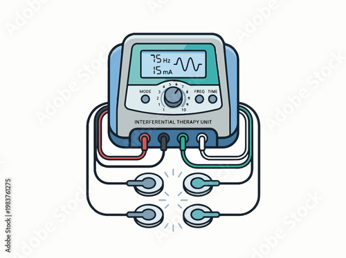 A digital display shows waveform, frequency, and intensity. Four electrode pads are connected, emitting therapeutic waves.