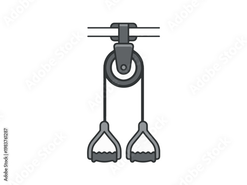 A flat illustration of a gray single pulley system with two handles, suspended from a horizontal bar. Represents basic fitness or rehabilitation equipment.