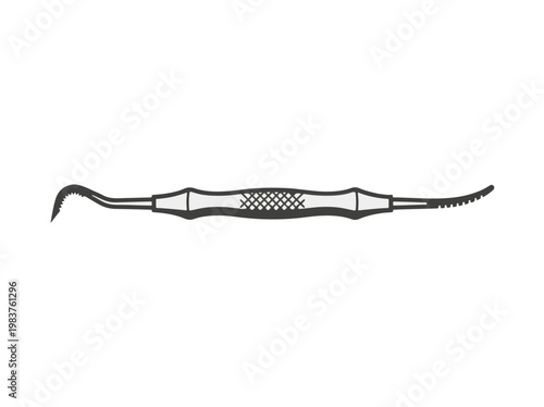 Illustration of a double-ended dental instrument, likely a scaler or curette, with a textured grip and two distinct working ends, one serrated.