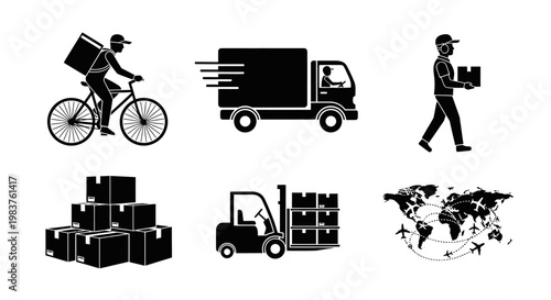 Delivery Service Icons: Bicycle Courier, Truck, Package Handler, Boxes, Forklift, World Map