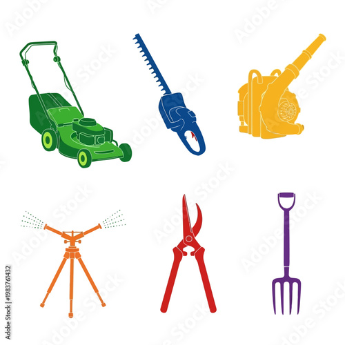 Gardening Tools Collection: Lawn Mower, Hedge Trimmer, Blower, Sprinkler, Pruners, Fork