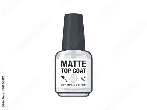 A clear bottle with a black cap contains MATTE TOP COAT nail polish, promising a smooth, no-shine finish.