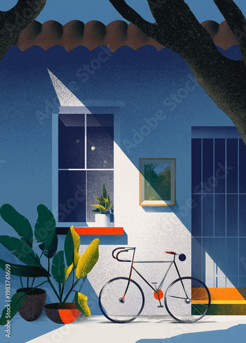 Urban lifestyle exterior illustration of a bicycle parked outside a white house with sunlight, strong shadows, and potted plants in a textured art style, perfect for sustainable living and home themes