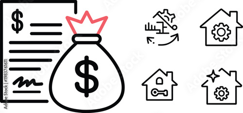 Black and red line depicting a financial document a money bag a gear inside a house a key inside a house and a sparkling gear inside a house on a white background
