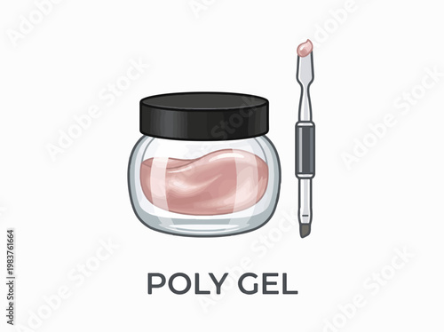 A jar of pink poly gel with a brush applicator next to it, set against a white background.