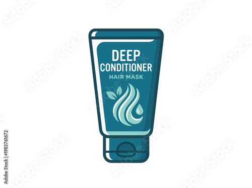 Teal tube of deep conditioner hair mask with leaf and water drop graphic.