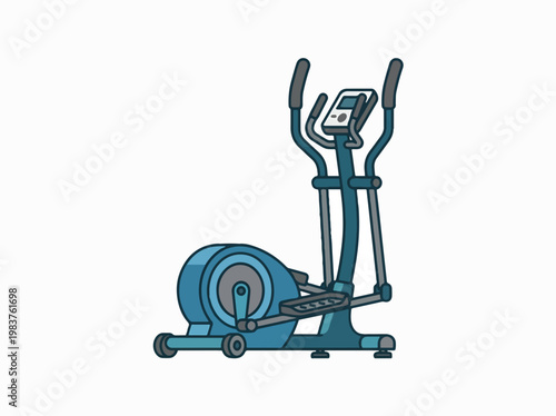 A simple, blue cartoon illustration of an elliptical trainer, a piece of cardio exercise equipment, set against a clean white background.