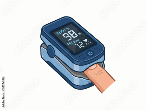 An illustration of a pulse oximeter measuring blood oxygen saturation (SpO2 98%) and pulse rate (72 bpm) with a finger inserted into the device.