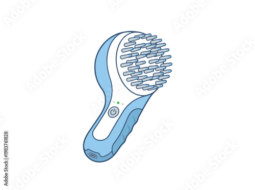 A blue and white electric scalp massager with bristles, a power button, and indicator lights.