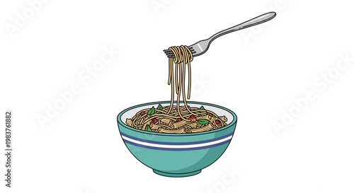 Fork lifting delicious noodles from a bowl, close-up, food photography