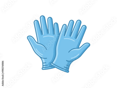 A cartoon illustration featuring a pair of light blue disposable gloves, commonly used for protection in medical, cleaning, or laboratory settings, on a white background.