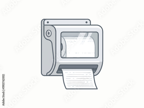 A clean, modern illustration of a wall-mounted toilet paper dispenser with a single roll and paper dispensed.