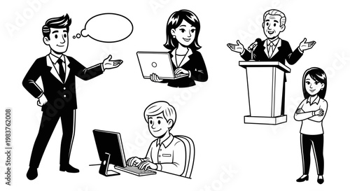 Diverse business people in various work situations, teamwork, communication, presentation