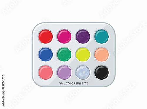A nail color palette with 12 vibrant, round pots of polish, including red, pink, purple, teal, blue, green, yellow, coral, light purple, glitter, and black.