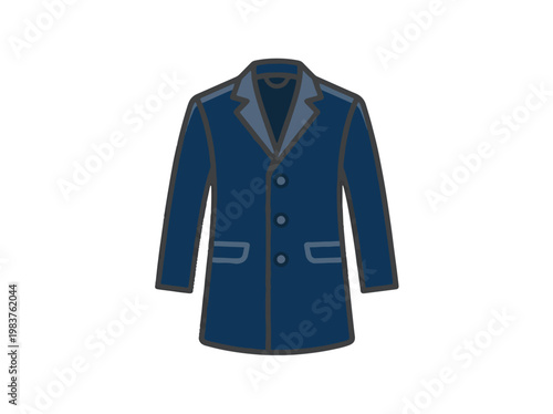 A dark blue overcoat with a classic collar, three buttons down the front, and two flap pockets.
