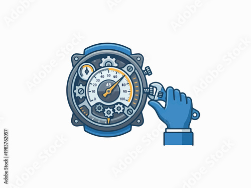 A gloved hand uses a wrench to adjust a complex gauge with gears and a needle, suggesting repair or calibration.