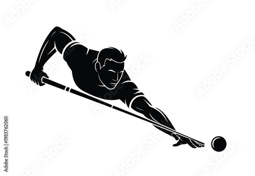 Black and white silhouette of a focused man leaning over to aim a pool cue at a billiard ball on a table surface in a minimalist style representing a competitive sports player in action