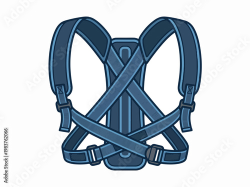 A simple illustration of a dark blue posture corrector with straps that cross over the back and adjust.