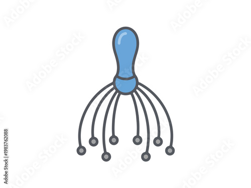 A cartoon illustration of a blue head massager with a handle and several wire prongs tipped with round beads.