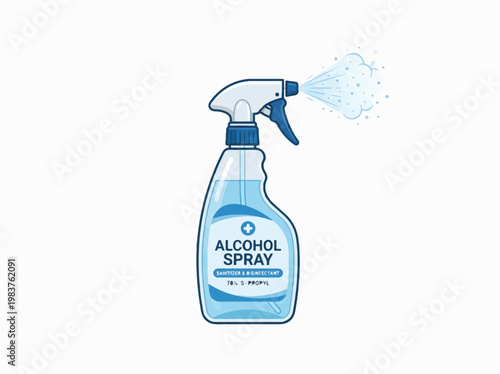 An alcohol spray bottle labeled ALCOHOL SPRAY SANITIZER & DISINFECTANT 70% ISOPROPYL sprays a fine mist.
