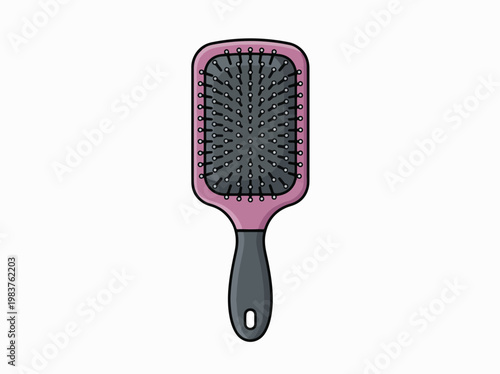 A pink and gray paddle hairbrush with black bristles and a handle with a hole for hanging, isolated on a white background.