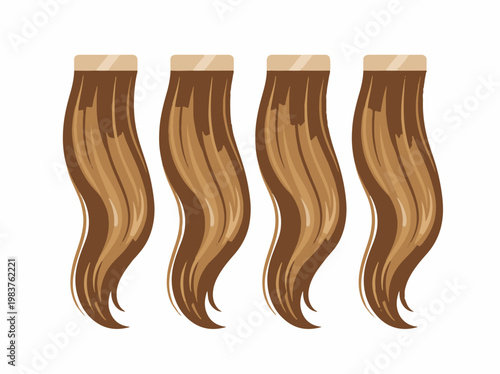 Four brown hair extensions with waves, showcasing a neat top band. Isolated on a white background.