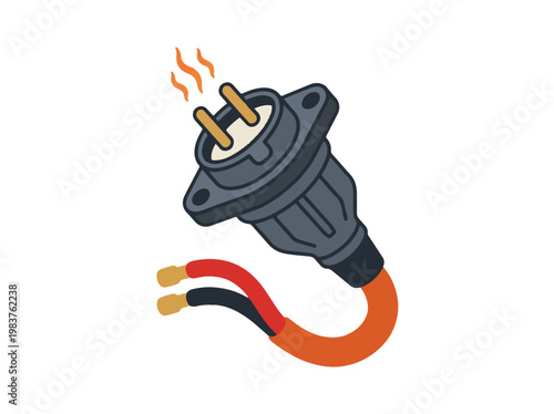Illustration of an electrical connector with wires and heat waves emanating from the prongs, suggesting an overheating issue.