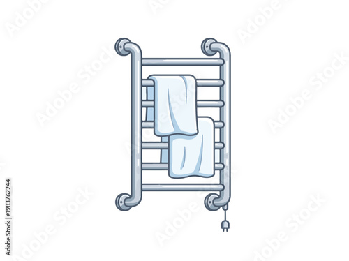 A chrome towel warmer with two white towels draped over its rails, connected to a power cord.