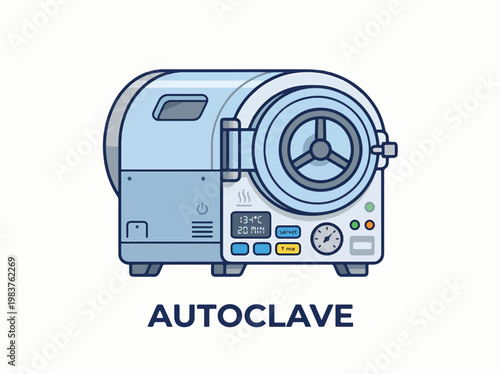 A blue and gray cartoon illustration of a laboratory autoclave, a sterilization device, with a digital display and a large wheel.