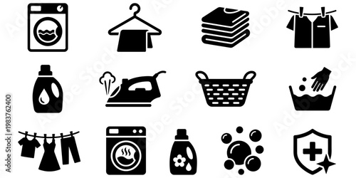 Laundry service icon set featuring washer, iron, clothes, soap, and bubbles. Simple black design ideal for branding, web, and cleaning business use.