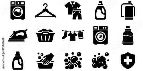 Laundry icons set including washing machine, detergent, clothes hanger, iron, and basket. Clean black vector isolated on white for household design.
