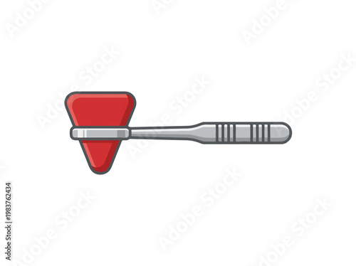 A red neurological reflex hammer with a silver handle on a white background.