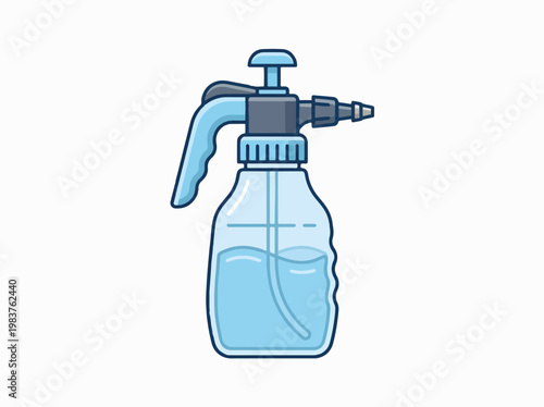 An illustration of a clear plastic pump spray bottle filled with blue liquid. It has a trigger handle and a nozzle.