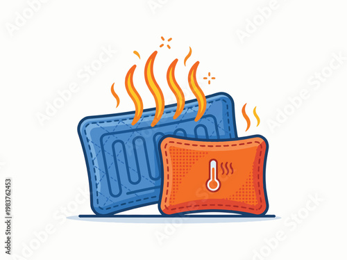 Two hot water bottles, one blue and one orange, with flames and heat waves emanating from them, symbolizing warmth and comfort.